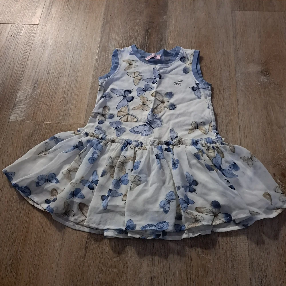 MONNALISA Kids' Blue Cream Butterfly Print Sleeveless Chiffon Dress Size 3